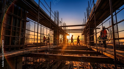 Construction workers on scaffolding at sunset, silhouetted against the vibrant sky, overseeing a new building project