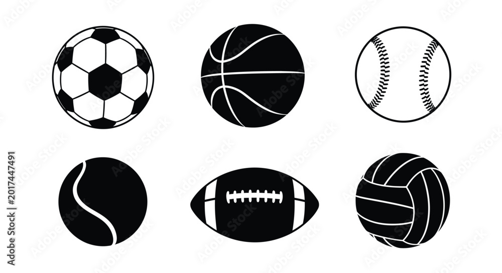 Obraz premium Collection of sports balls in black silhouette high quality professional detailed