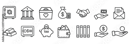 Tableau sur toile Banking financial savings web line icons set bank building office secure vault s