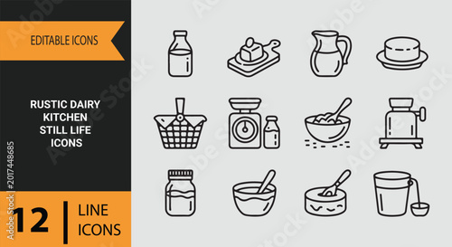 Foto Rustic Dairy Kitchen Still Life Outline Icon Set for Farmhouse Branding