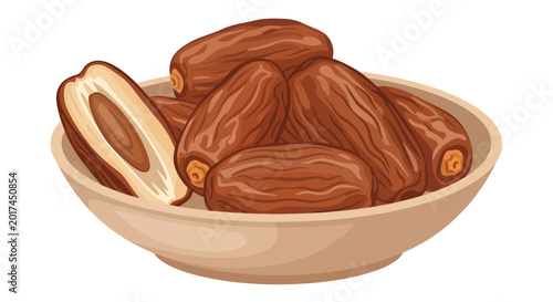 Bild auf Leinwand A beautifully illustrated light wooden bowl overflows with plump, sweet brown da