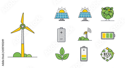 Foto Renewable Energy Icons: Wind Turbine, Solar Panels, Battery, Eco Symbol
