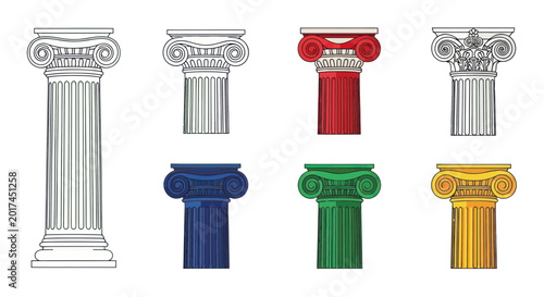 Konstfotografi Set of Greek Ionic Columns in Various Colors and Styles, Vector Illustration