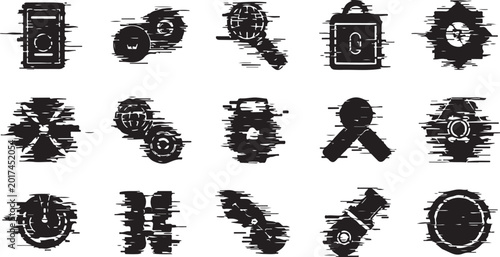 Grunge icons, distressed symbols, 20 black graphics, set of damaged signs