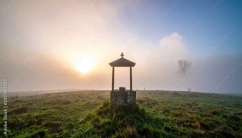 Obraz premium Stone well on a grassy hill with morning fog and soft sunlight background
