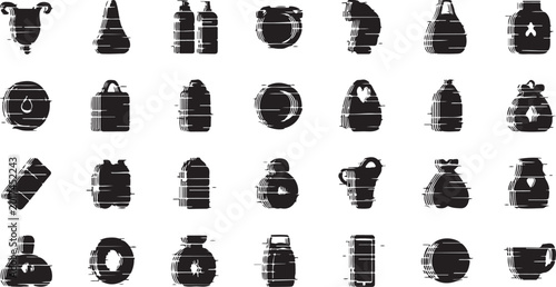 Black tea, coffee, and kettle icons, 30 monochrome beverage symbols