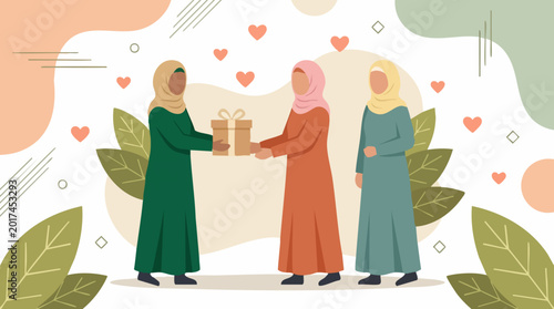 Fotografie Three Muslim women in hijabs exchanging gifts, symbolizing community and celebra