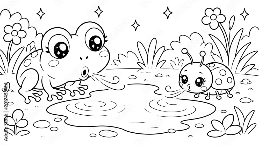 Fototapeta premium Cute frog and fish blowing bubbles in a whimsical pond setting 