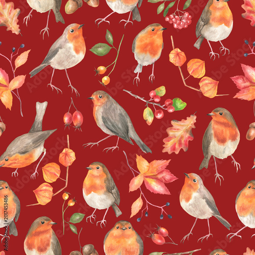 Seamless pattern of robin and autumn plants deep red