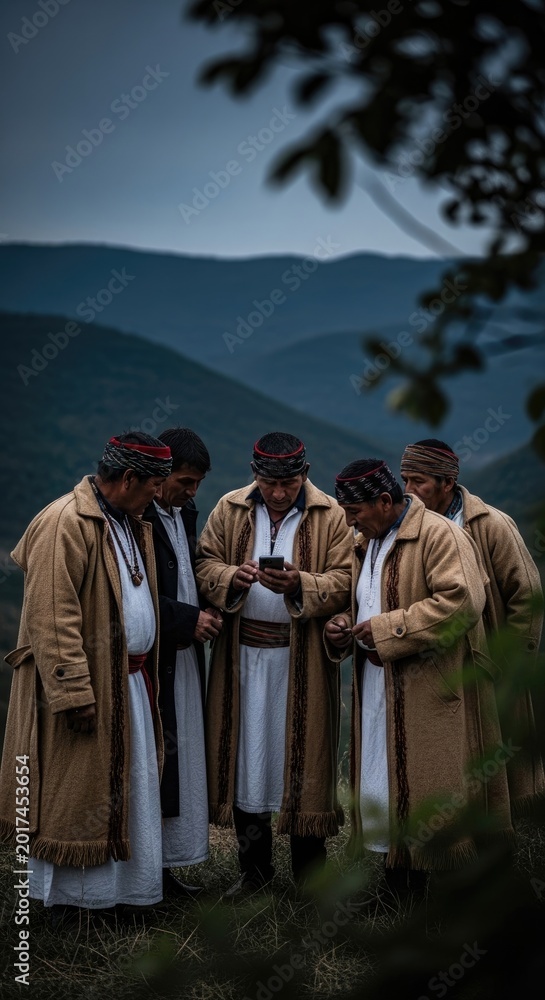 Fototapeta premium Indigenous Men Wear Traditional Outfits and Look at a Phone