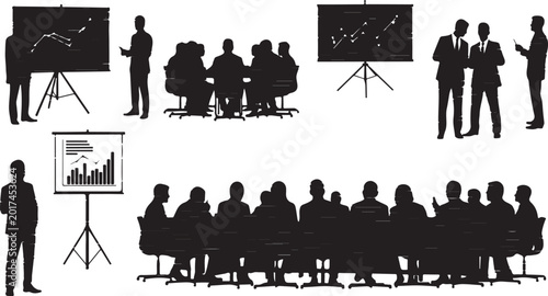 Business meeting, office presentation, corporate silhouettes, teamwork icons, black vector set
