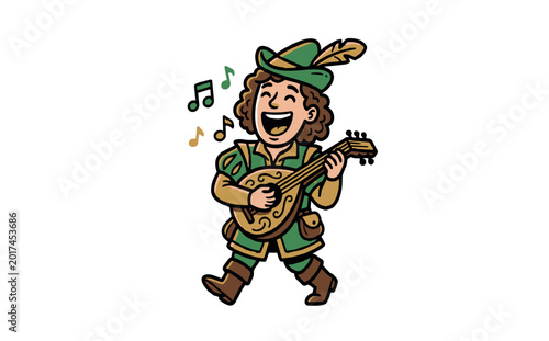 Cartoon illustration of a medieval bard or minstrel in green clothing playing a lute and singing with musical notes.
