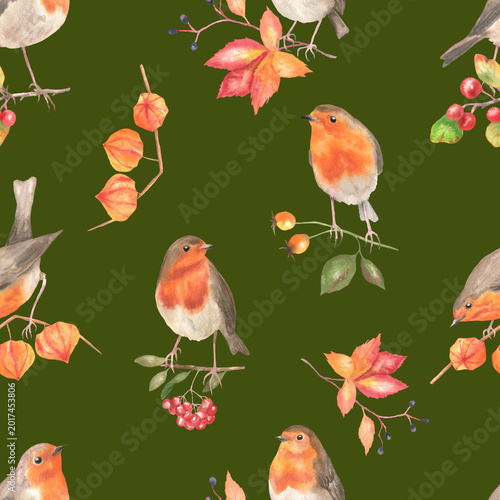 Seamless pattern of robins on branches deep green