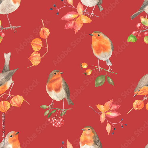 Seamless pattern of robins on branches red