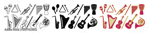 Canvas Print Musical instrument icons set, orchestral and jazz music equipment vectors, black