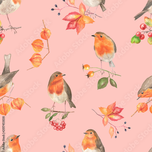 Seamless pattern of robins on branches pink