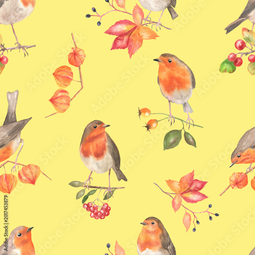 Seamless pattern of robins on branches yellow