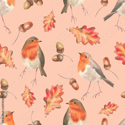Seamless pattern robin acorns and oak leaves beige