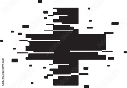 Glitch, distorted pixel art, black shapes, abstract error effect, digital distortion