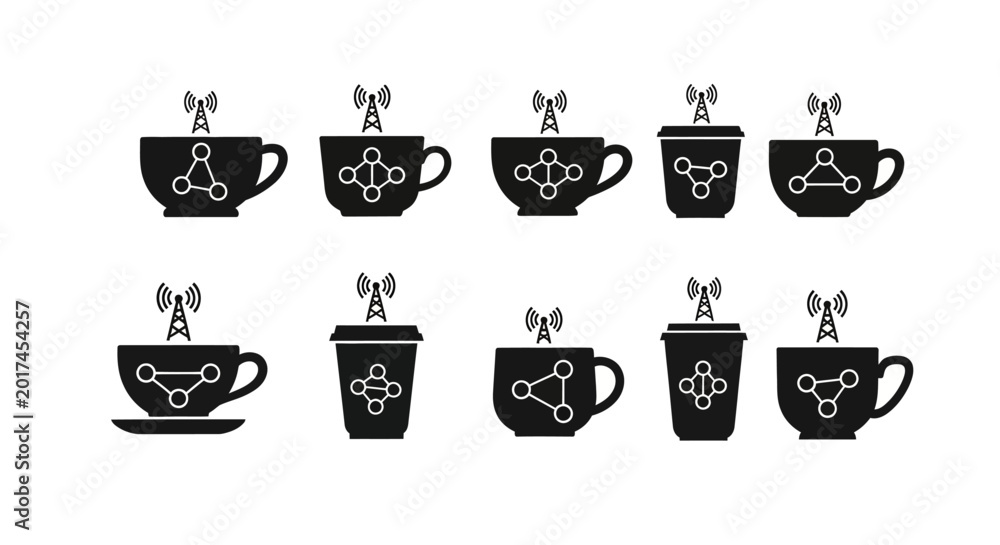 Fototapeta premium Set of ten vector icons of coffee cups with network symbols and antennas on top representing connectivity and communication technologies