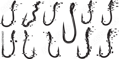 Fishing hooks, metal hooks, fishing tackle, hook icons, vector hooks