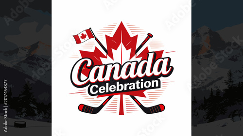Obraz na płótnie Canada Celebration logo featuring a maple leaf, Canadian flag, and hockey sticks, symbolizing national pride and sports