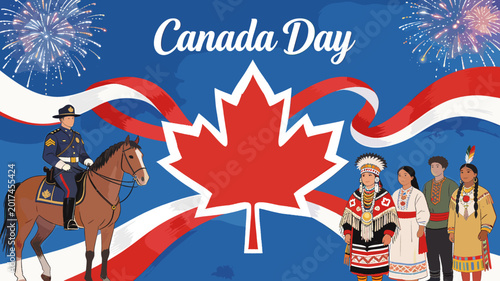 Canada Day celebration with diverse people, a Mountie on horseback, and fireworks against a backdrop of the Canadian flag.