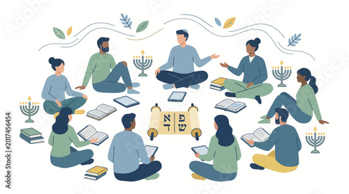 Diverse Jewish community gathers for spiritual learning and insightful discussion, fostering shared understanding of tradition and wisdom through communal study of sacred texts