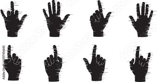 Hand gestures, finger signs, black silhouettes, 8 icons, vector set