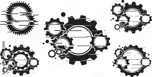 Industrial gear icons, mechanical symbols, black and white, 5 elements, vector graphics