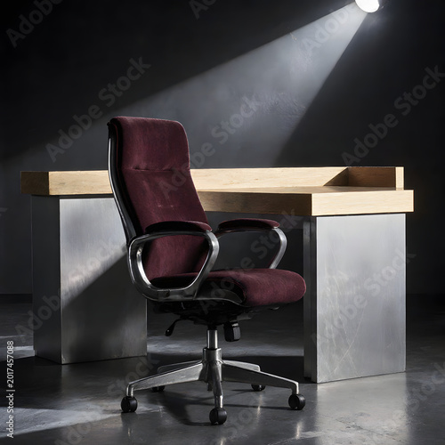 Modern office chair placed beside wooden desk in dim lighting