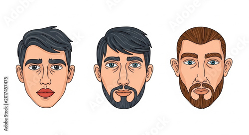 Cuadro en lienzo Three Diverse Male Faces with Different Hairstyles and Beards.