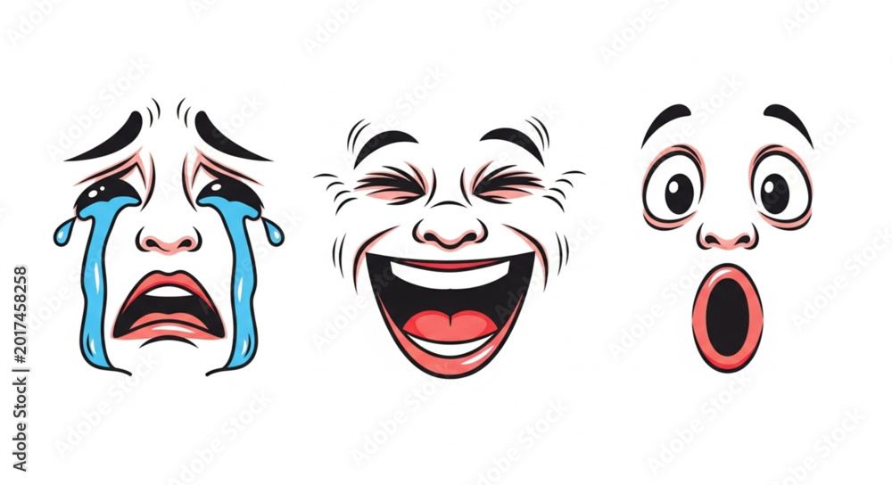 Obraz premium Three cartoon faces showing different emotions - crying, laughing, and surprised.