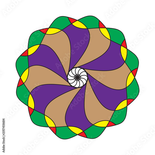 a radial ornament style with spiral art, sacred inspired design elements, ornamental rosette details, and a kaleidoscopic pattern appearance. Radiant bloom forms combine with harmonic petal structures