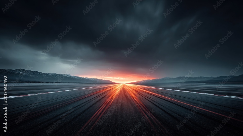Obraz premium Dramatic highway leading towards a vibrant sunset with mountain range backdrop