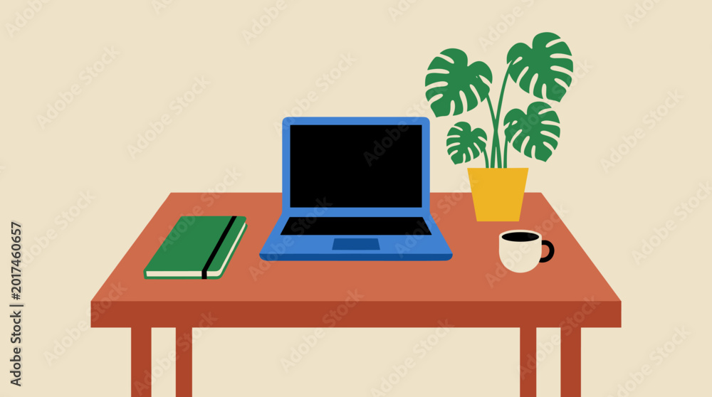 Fototapeta premium Minimalist Home Office Workspace with Laptop Notebook Plant and Coffee Mug on Wooden Desk
