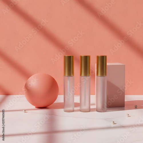 A minimalist display of elegant cosmetic bottles and geometric shapes in a pink
