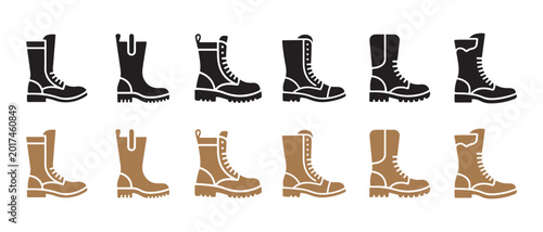 Bild auf Leinwand Set of black and brown combat boots, military style lace-up footwear, collection of icons