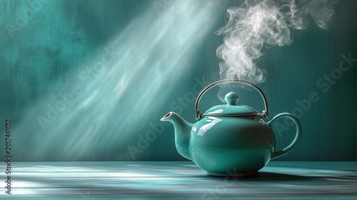 steaming teal ceramic teapot on a wooden table against a textured teal wall, moody, atmospheric image, warmth, comfort, and morning ritual, relaxation, hot beverages, and cozy interiors.