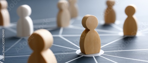 Wooden human figures standing in group formation, teamwork and leadership concept, business strategy idea, social connection, organizational structure.