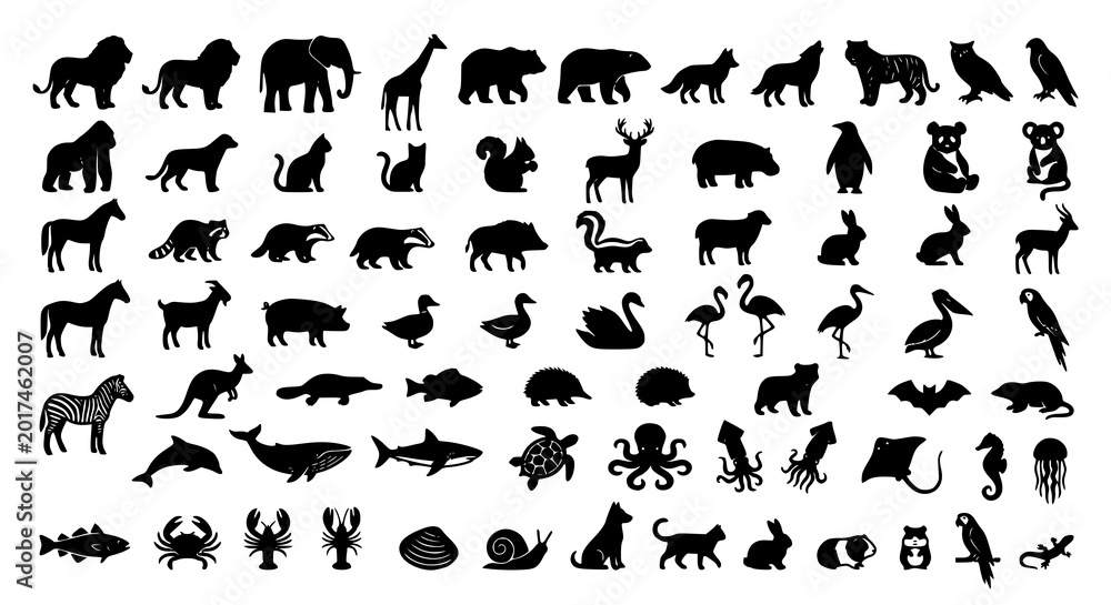 Obraz premium Animal silhouette vector collection with monochrome wildlife and pet icon illustrations