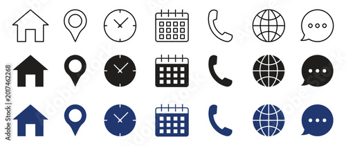 Photos Essential contact and web icon set with home, location, time, calendar, phone, globe, and message symbols in outline and flat style