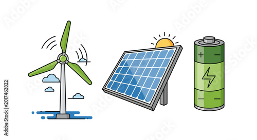 Photos Renewable energy sources wind turbine solar panel and battery.