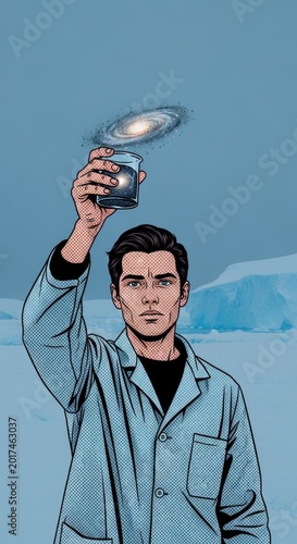 Scientist Holds Galaxy in Beaker Under Clear Sky
