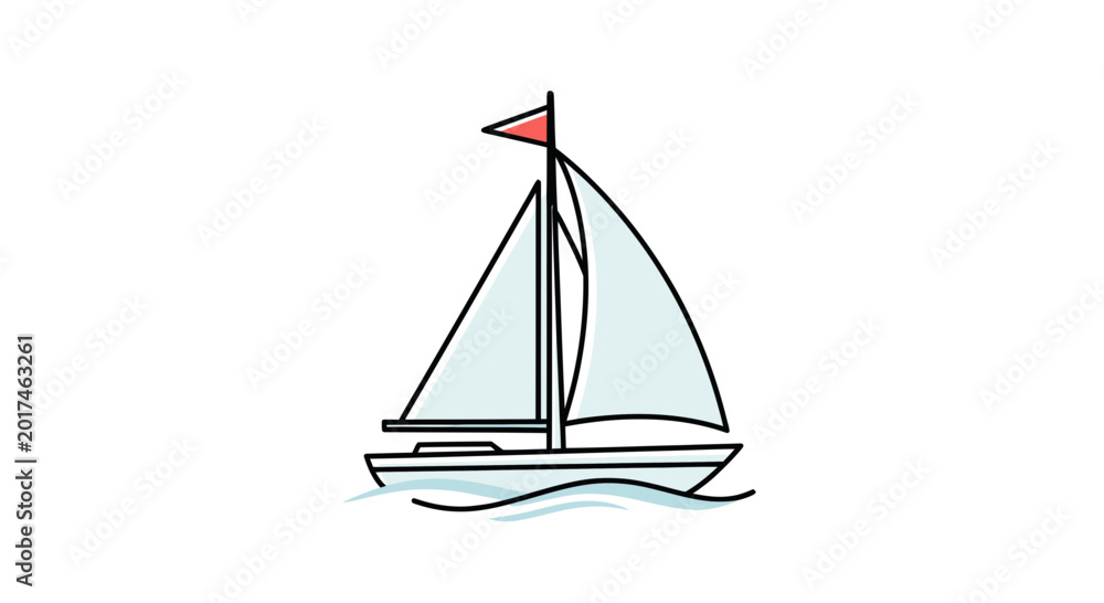 Fototapeta premium Minimalist sailboat illustration on white background, sailing on blue waves