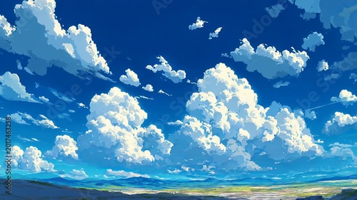 Vector daytime landscape sky with soft clouds, clean anime style background design

