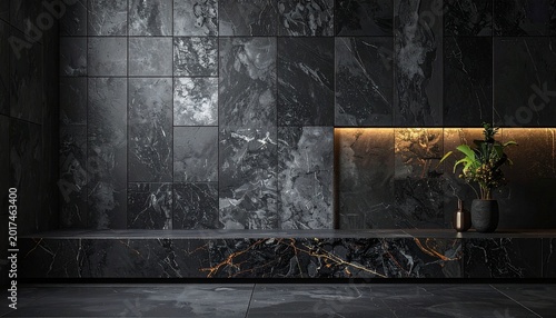 A serene interior scene with a potted plant on a marble bench against a dark marble wall with ambient lighting.