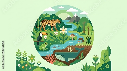 Tropical wildlife and nature scene in circular emblem style
