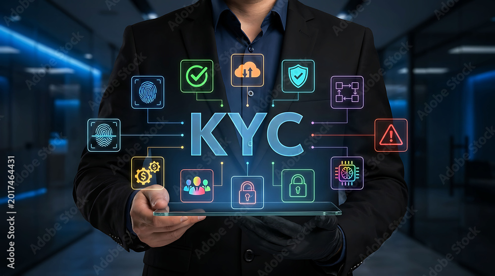 Obraz premium Businessman Holding Tablet with KYC Identity Verification and Biometric Cyber Security