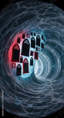 Surreal Portal with Gothic Windows and Swirling Tunnel